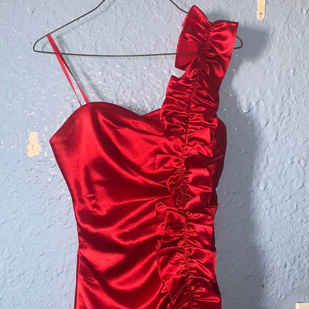 Ruby Rox vintage prom dress. Red Satin. Slit in the front.
